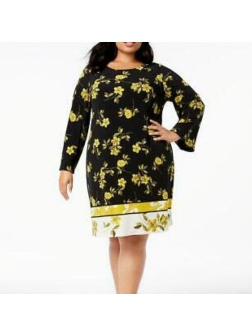 Alfani Petite yellow/black floral long sleeve cottagecore dress. Size 4P